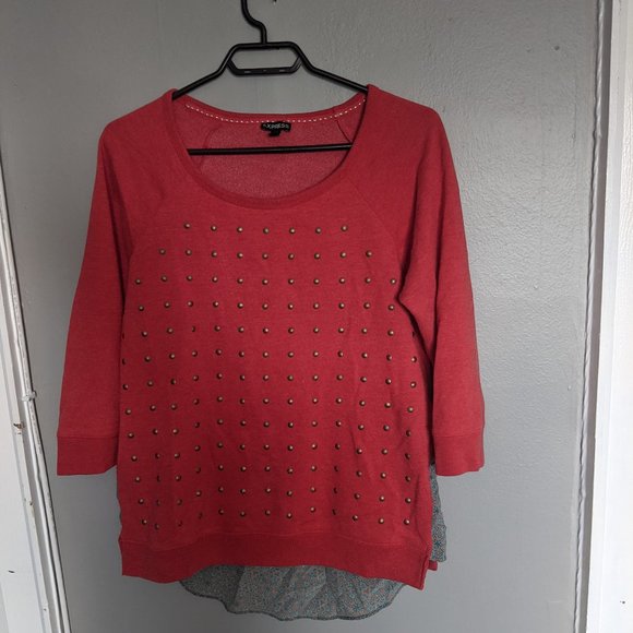 Express Red / Pink 3/4 Sleeve Crewneck with Soft Studs and Floral Detail - Picture 1 of 4